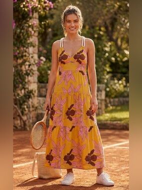 Tennis Brand Mustard Yellow & Pink Floral Tiered Maxi Dress - Size M Colombian
